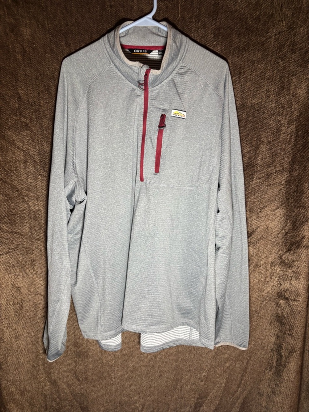 Orvis Light Gray Pullover with Burgundy Zip Trim